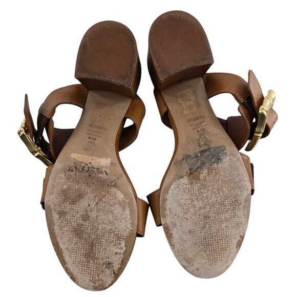 Schutz Enola Mid Block Sandals Womens 8.5 Caramel Brown Leather Gold Tone Buckle - Picture 8 of 10
